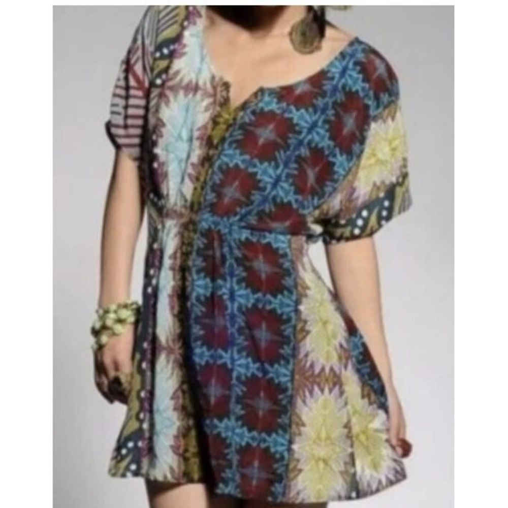 Fei Anthropologie Womens Small Tunic Top Multicolor Geometric Print‎ Smocked